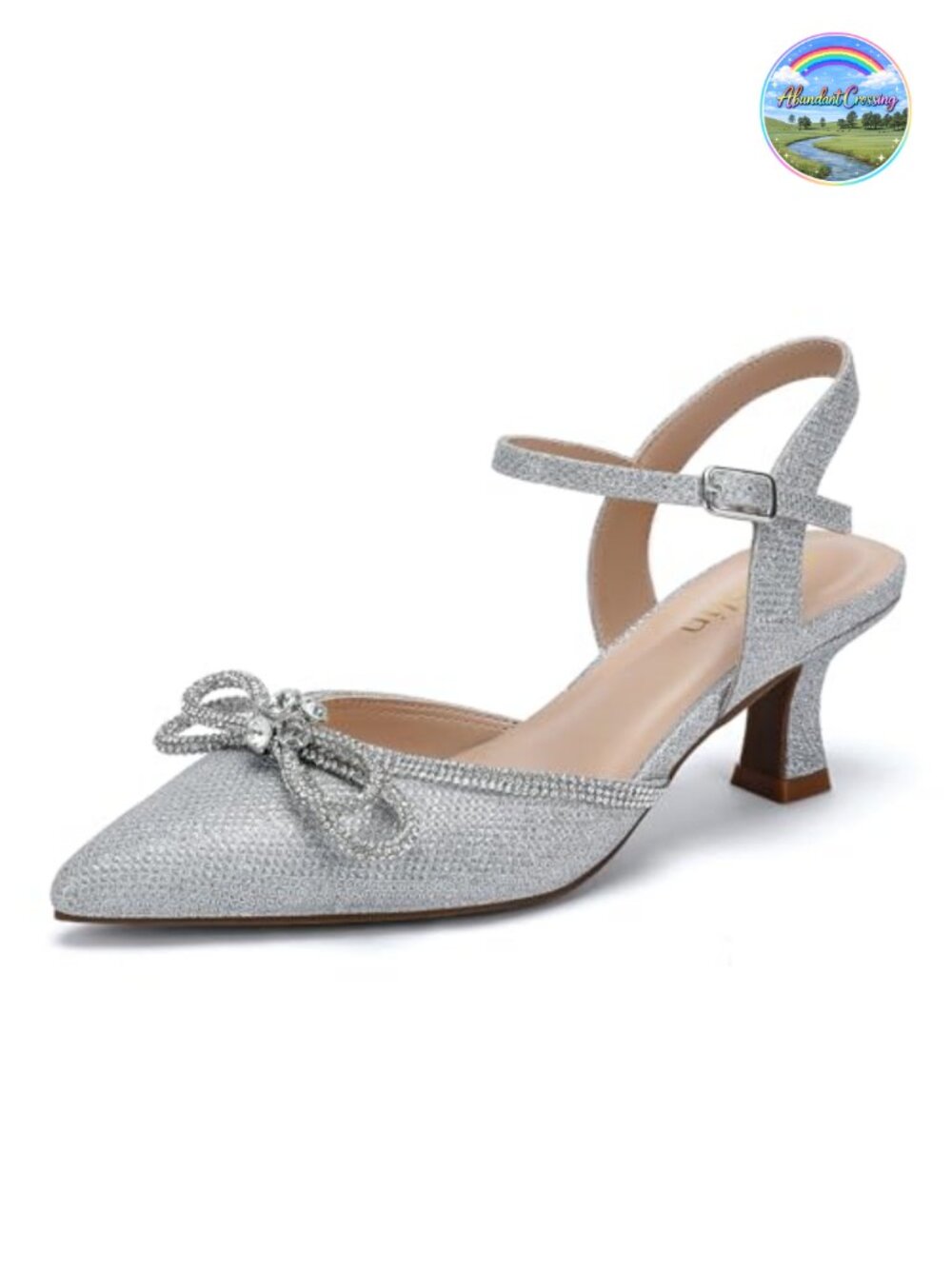 Wide Width Kitten Heel Pointed Toe Pumps with Rhinestone Bow Ankle Strap